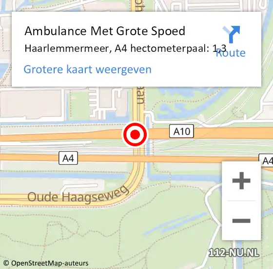 Locatie op kaart van de 112 melding: Ambulance Met Grote Spoed Naar Haarlemmermeer, A4 hectometerpaal: 1,3 op 5 januari 2022 05:42