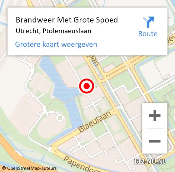 Locatie op kaart van de 112 melding: Brandweer Met Grote Spoed Naar Utrecht, Ptolemaeuslaan op 5 januari 2022 09:11