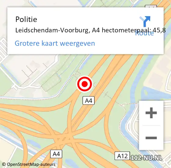 Locatie op kaart van de 112 melding: Politie Leidschendam-Voorburg, A4 hectometerpaal: 45,8 op 5 januari 2022 10:00