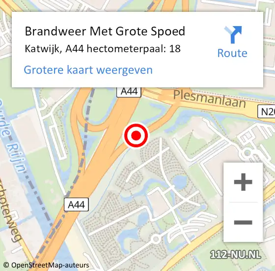 Locatie op kaart van de 112 melding: Brandweer Met Grote Spoed Naar Katwijk, A44 hectometerpaal: 18 op 5 januari 2022 10:08