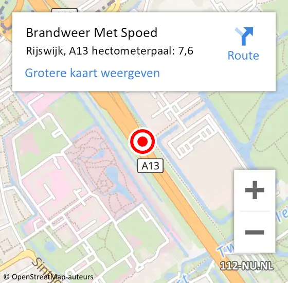 Locatie op kaart van de 112 melding: Brandweer Met Spoed Naar Rijswijk, A13 hectometerpaal: 7,6 op 5 januari 2022 15:04