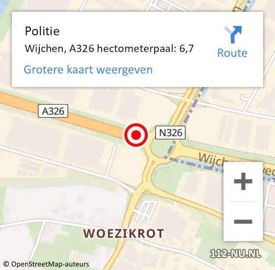 Locatie op kaart van de 112 melding: Politie Wijchen, A326 hectometerpaal: 6,7 op 5 januari 2022 20:03