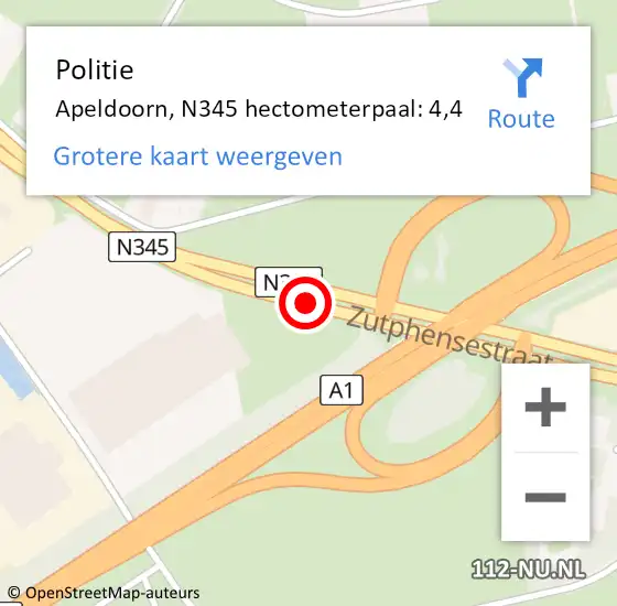 Locatie op kaart van de 112 melding: Politie Apeldoorn, N345 hectometerpaal: 4,4 op 6 januari 2022 12:06