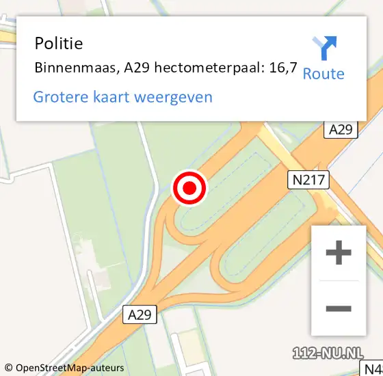 Locatie op kaart van de 112 melding: Politie Binnenmaas, A29 hectometerpaal: 16,7 op 6 januari 2022 13:11