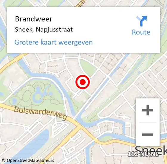 Locatie op kaart van de 112 melding: Brandweer Sneek, Napjusstraat op 6 januari 2022 13:35