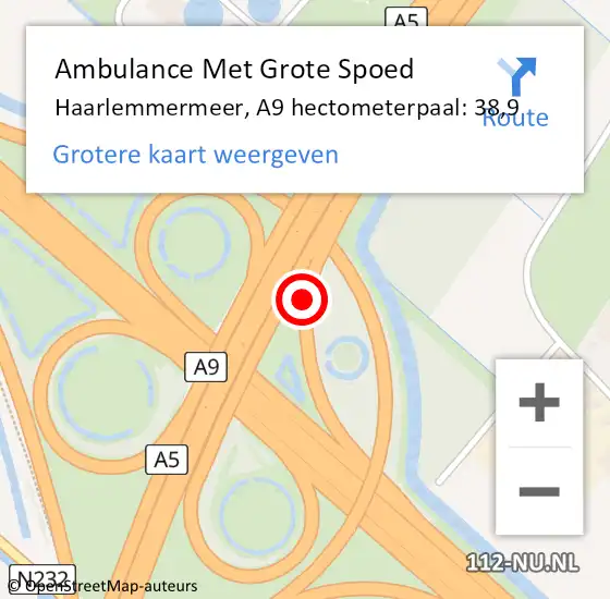 Locatie op kaart van de 112 melding: Ambulance Met Grote Spoed Naar Haarlemmermeer, A9 hectometerpaal: 38,9 op 6 januari 2022 21:00