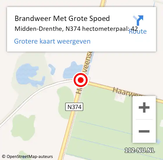 Locatie op kaart van de 112 melding: Brandweer Met Grote Spoed Naar Midden-Drenthe, N374 hectometerpaal: 42 op 6 januari 2022 23:37