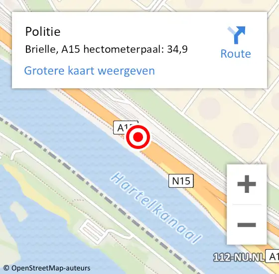 Locatie op kaart van de 112 melding: Politie Brielle, A15 hectometerpaal: 34,9 op 7 januari 2022 07:44