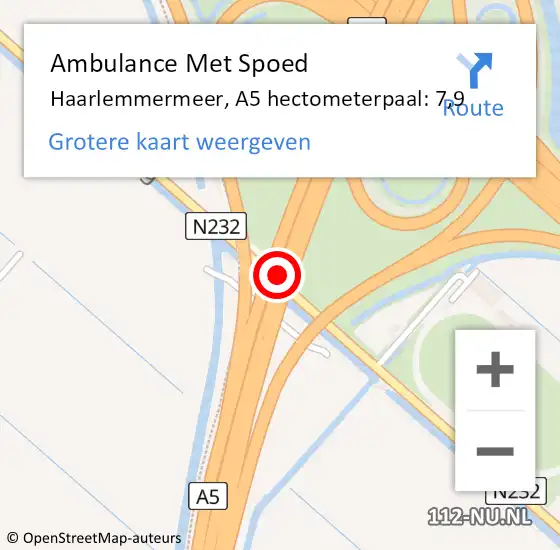 Locatie op kaart van de 112 melding: Ambulance Met Spoed Naar Haarlemmermeer, A5 hectometerpaal: 7,9 op 7 januari 2022 09:31