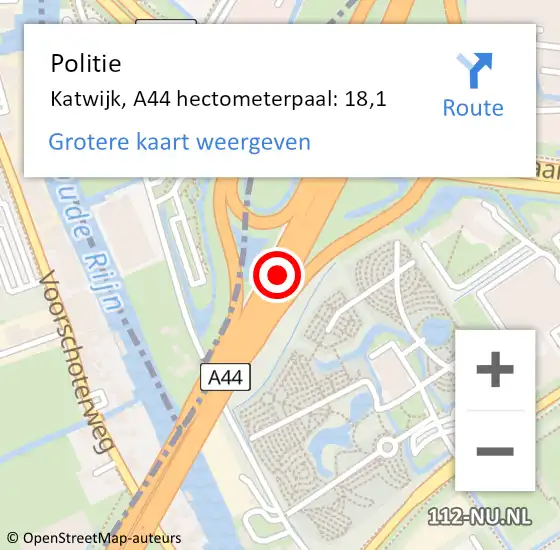 Locatie op kaart van de 112 melding: Politie Katwijk, A44 hectometerpaal: 18,1 op 7 januari 2022 12:10