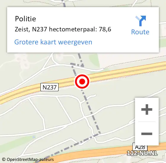 Locatie op kaart van de 112 melding: Politie Zeist, N237 hectometerpaal: 78,6 op 7 januari 2022 14:48