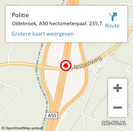 Locatie op kaart van de 112 melding: Politie Oldebroek, A50 hectometerpaal: 235,7 op 7 januari 2022 17:12