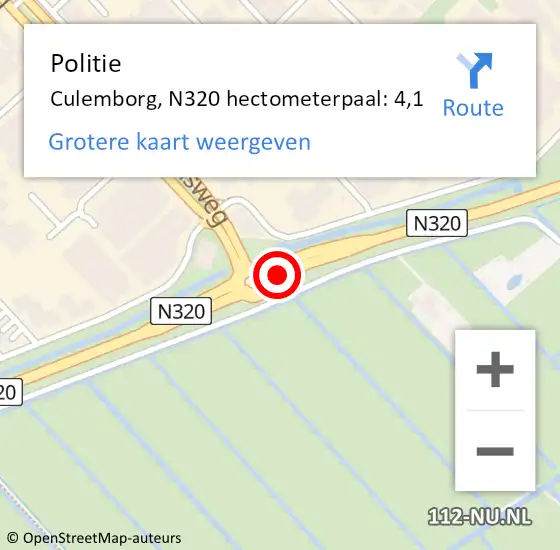 Locatie op kaart van de 112 melding: Politie Culemborg, N320 hectometerpaal: 4,1 op 7 januari 2022 17:22