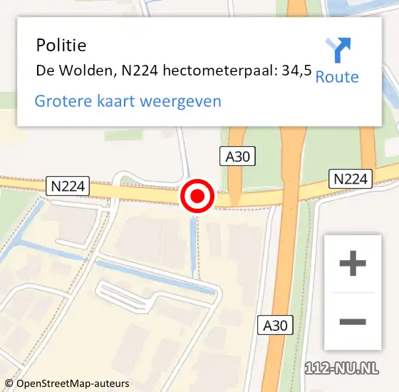 Locatie op kaart van de 112 melding: Politie De Wolden, N224 hectometerpaal: 34,5 op 7 januari 2022 17:35