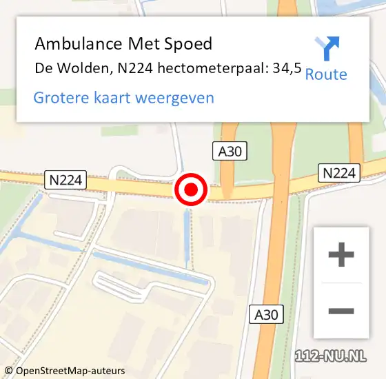 Locatie op kaart van de 112 melding: Ambulance Met Spoed Naar De Wolden, N224 hectometerpaal: 34,5 op 7 januari 2022 17:35