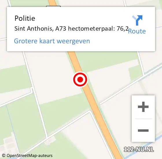 Locatie op kaart van de 112 melding: Politie Sint Anthonis, A73 hectometerpaal: 76,2 op 7 januari 2022 18:50