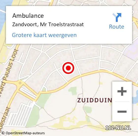 Locatie op kaart van de 112 melding: Ambulance Zandvoort, Mr Troelstrastraat op 7 januari 2022 19:18