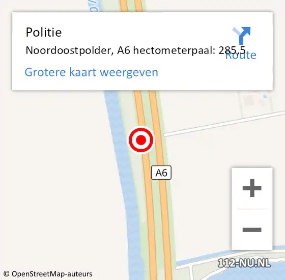 Locatie op kaart van de 112 melding: Politie Noordoostpolder, A6 hectometerpaal: 285,5 op 7 januari 2022 19:26
