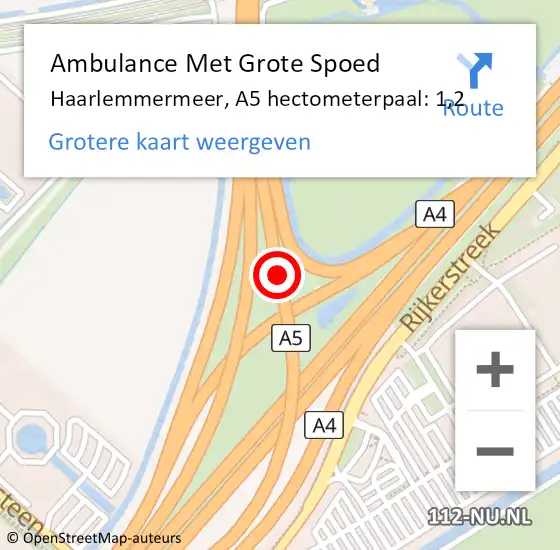 Locatie op kaart van de 112 melding: Ambulance Met Grote Spoed Naar Haarlemmermeer, A5 hectometerpaal: 1,2 op 7 januari 2022 23:20