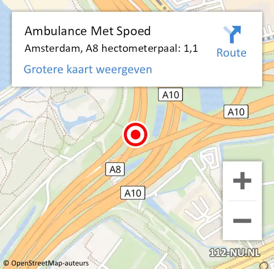 Locatie op kaart van de 112 melding: Ambulance Met Spoed Naar Amsterdam, A8 hectometerpaal: 1,1 op 8 januari 2022 00:11