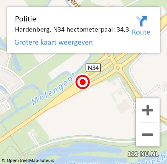 Locatie op kaart van de 112 melding: Politie Hardenberg, N34 hectometerpaal: 34,3 op 8 januari 2022 07:45