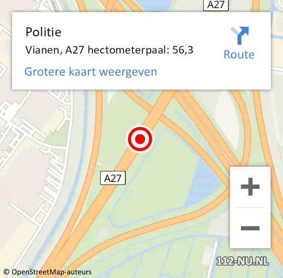 Locatie op kaart van de 112 melding: Politie Vianen, A27 hectometerpaal: 56,3 op 8 januari 2022 09:06