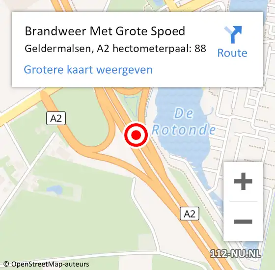 Locatie op kaart van de 112 melding: Brandweer Met Grote Spoed Naar Geldermalsen, A2 hectometerpaal: 88 op 8 januari 2022 09:11