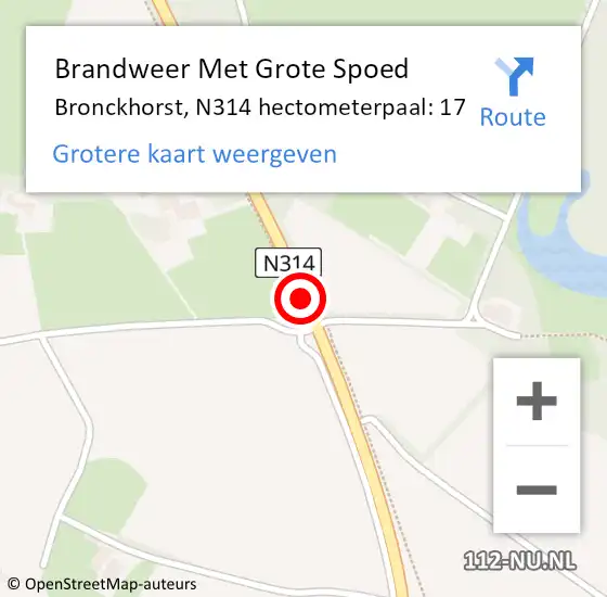 Locatie op kaart van de 112 melding: Brandweer Met Grote Spoed Naar Bronckhorst, N314 hectometerpaal: 17 op 8 januari 2022 09:54