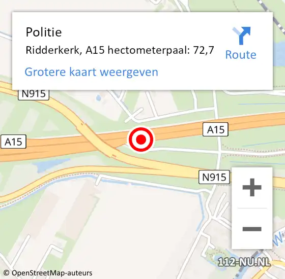 Locatie op kaart van de 112 melding: Politie Ridderkerk, A15 hectometerpaal: 72,7 op 8 januari 2022 21:06