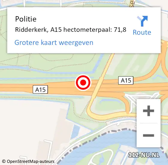 Locatie op kaart van de 112 melding: Politie Ridderkerk, A15 hectometerpaal: 71,8 op 8 januari 2022 21:06