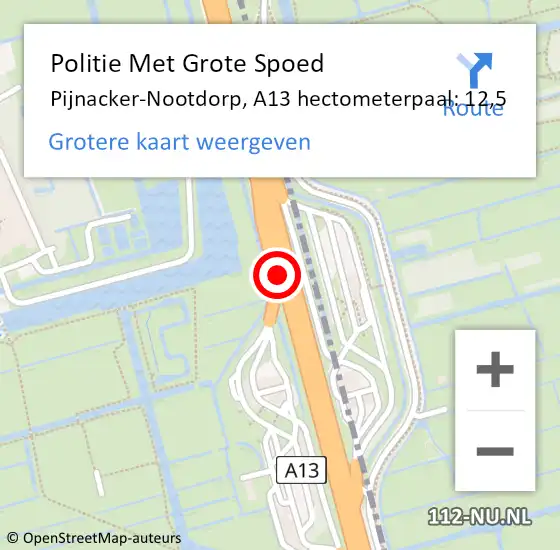 Locatie op kaart van de 112 melding: Politie Met Grote Spoed Naar Pijnacker-Nootdorp, A13 hectometerpaal: 12,5 op 8 januari 2022 22:04