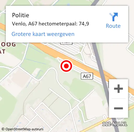 Locatie op kaart van de 112 melding: Politie Venlo, A67 hectometerpaal: 74,9 op 8 januari 2022 23:20