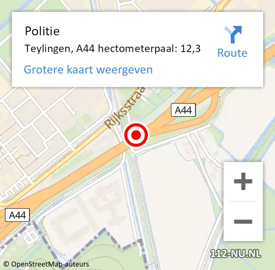 Locatie op kaart van de 112 melding: Politie Teylingen, A44 hectometerpaal: 12,3 op 9 januari 2022 11:39