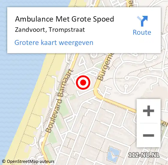 Locatie op kaart van de 112 melding: Ambulance Met Grote Spoed Naar Zandvoort, Trompstraat op 9 januari 2022 12:01