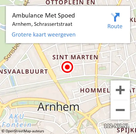 Locatie op kaart van de 112 melding: Ambulance Met Spoed Naar Arnhem, Schrassertstraat op 9 januari 2022 12:31