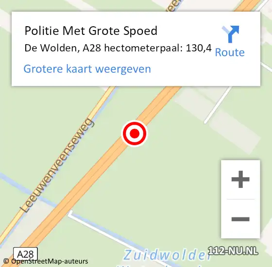 Locatie op kaart van de 112 melding: Politie Met Grote Spoed Naar De Wolden, A28 hectometerpaal: 130,4 op 9 januari 2022 14:12