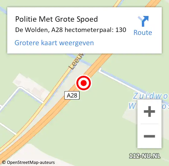 Locatie op kaart van de 112 melding: Politie Met Grote Spoed Naar De Wolden, A28 hectometerpaal: 130 op 9 januari 2022 14:18