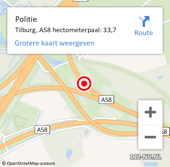 Locatie op kaart van de 112 melding: Politie Tilburg, A58 hectometerpaal: 33,7 op 9 januari 2022 18:01