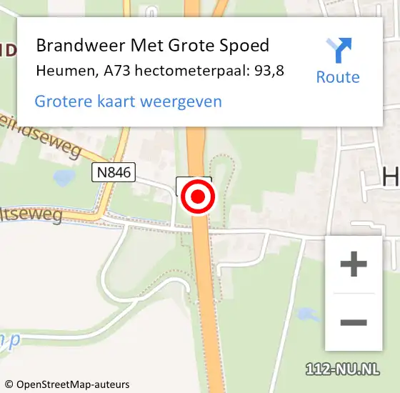 Locatie op kaart van de 112 melding: Brandweer Met Grote Spoed Naar Heumen, A73 hectometerpaal: 93,8 op 9 januari 2022 19:12