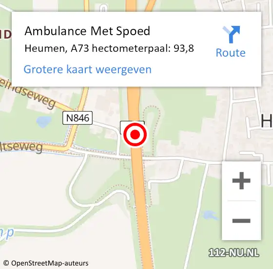 Locatie op kaart van de 112 melding: Ambulance Met Spoed Naar Heumen, A73 hectometerpaal: 93,8 op 9 januari 2022 19:29