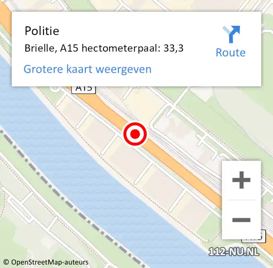 Locatie op kaart van de 112 melding: Politie Brielle, A15 hectometerpaal: 33,3 op 10 januari 2022 06:50