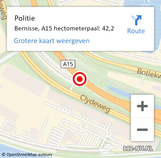 Locatie op kaart van de 112 melding: Politie Bernisse, A15 hectometerpaal: 42,2 op 10 januari 2022 06:58