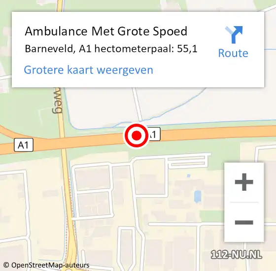 Locatie op kaart van de 112 melding: Ambulance Met Grote Spoed Naar Barneveld, A1 hectometerpaal: 55,1 op 10 januari 2022 08:07