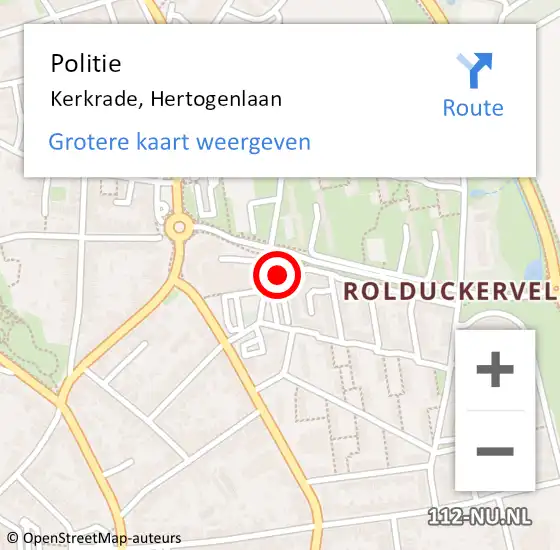 Locatie op kaart van de 112 melding: Politie Kerkrade, Hertogenlaan op 10 januari 2022 08:52