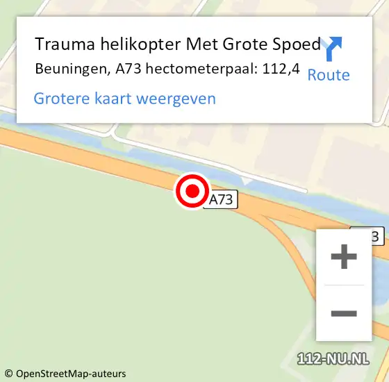 Locatie op kaart van de 112 melding: Trauma helikopter Met Grote Spoed Naar Beuningen, A73 hectometerpaal: 112,4 op 10 januari 2022 11:44