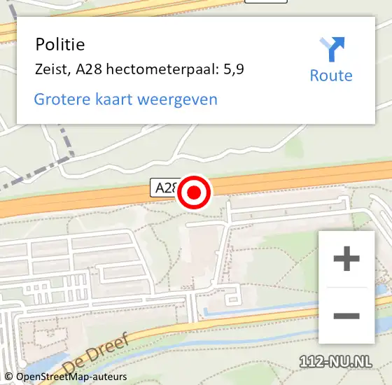 Locatie op kaart van de 112 melding: Politie Zeist, A28 hectometerpaal: 5,9 op 10 januari 2022 12:33