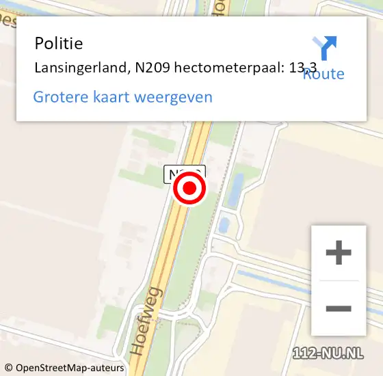 Locatie op kaart van de 112 melding: Politie Lansingerland, N209 hectometerpaal: 13,3 op 10 januari 2022 15:18