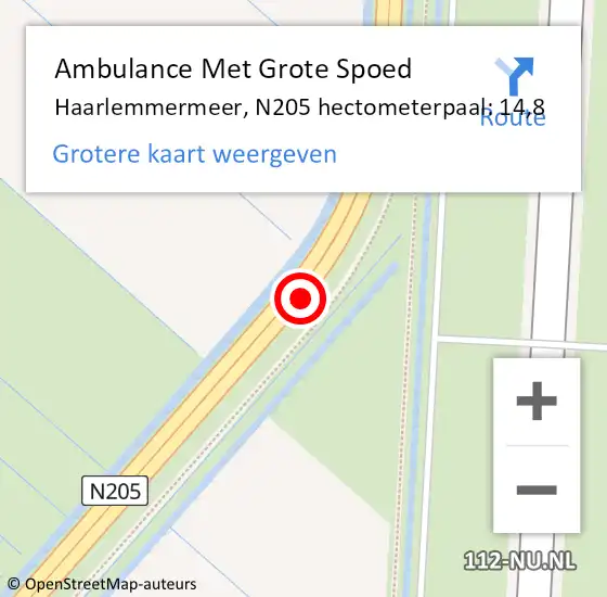 Locatie op kaart van de 112 melding: Ambulance Met Grote Spoed Naar Haarlemmermeer, N205 hectometerpaal: 14,8 op 10 januari 2022 17:27