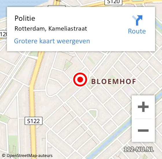 Locatie op kaart van de 112 melding: Politie Rotterdam, Kameliastraat op 10 januari 2022 17:34