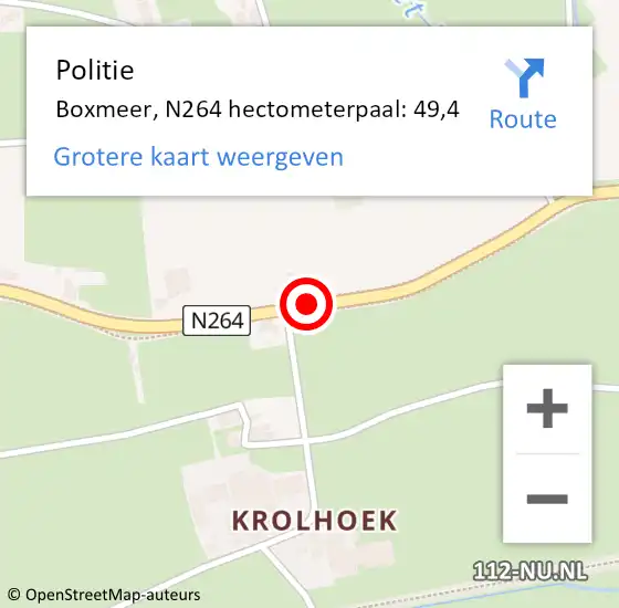 Locatie op kaart van de 112 melding: Politie Boxmeer, N264 hectometerpaal: 49,4 op 10 januari 2022 19:17